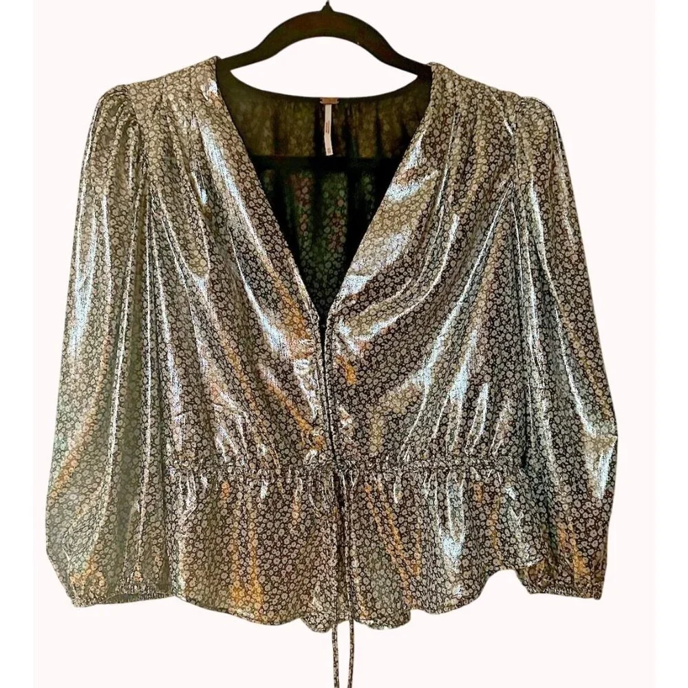 Free People XS Talk‎ That Talk Metallic Silver Floral Puff Sleeve Ruffle Top